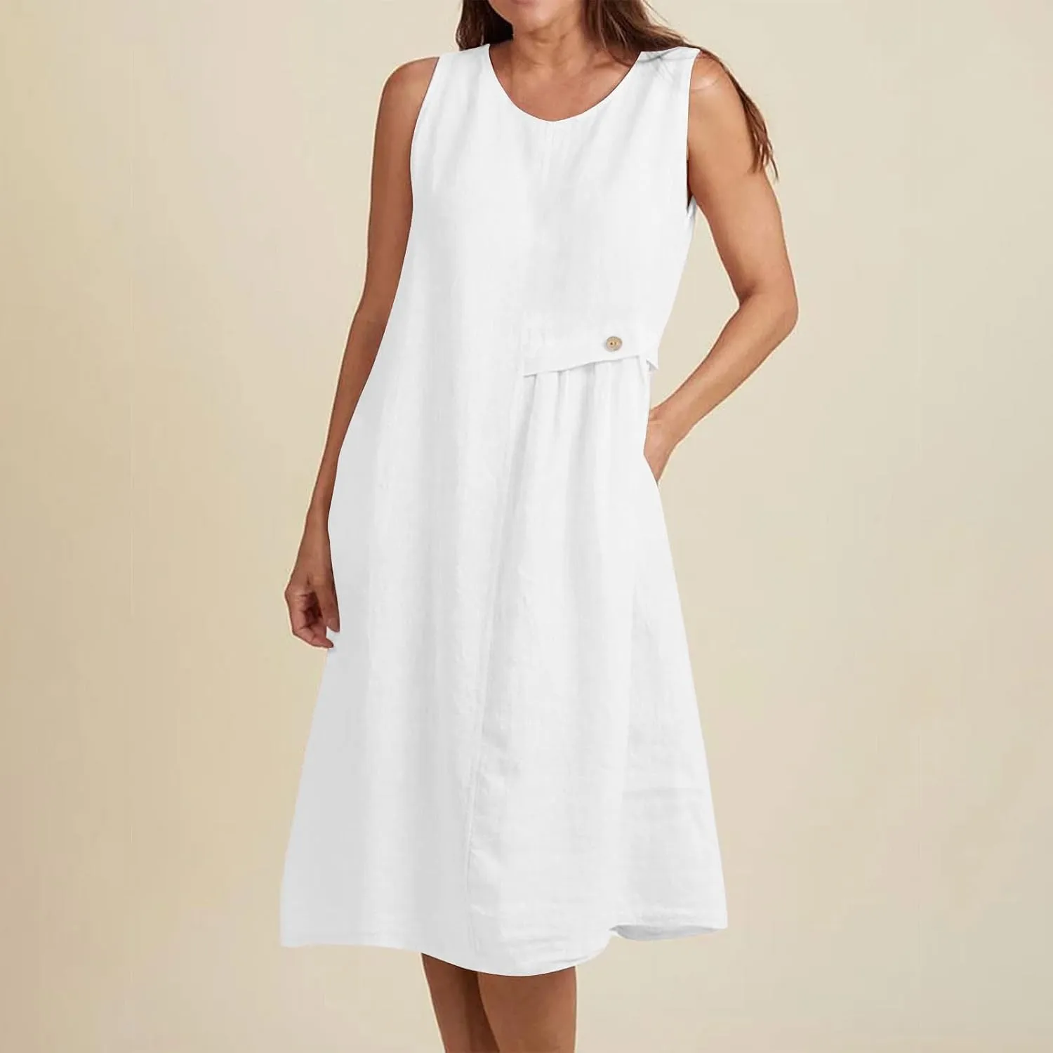 Cotton Linen Dresses for Women 2025 Summer Sleeveless Midi Dress Trendy Casual A Line Flowy Dress with Pockets