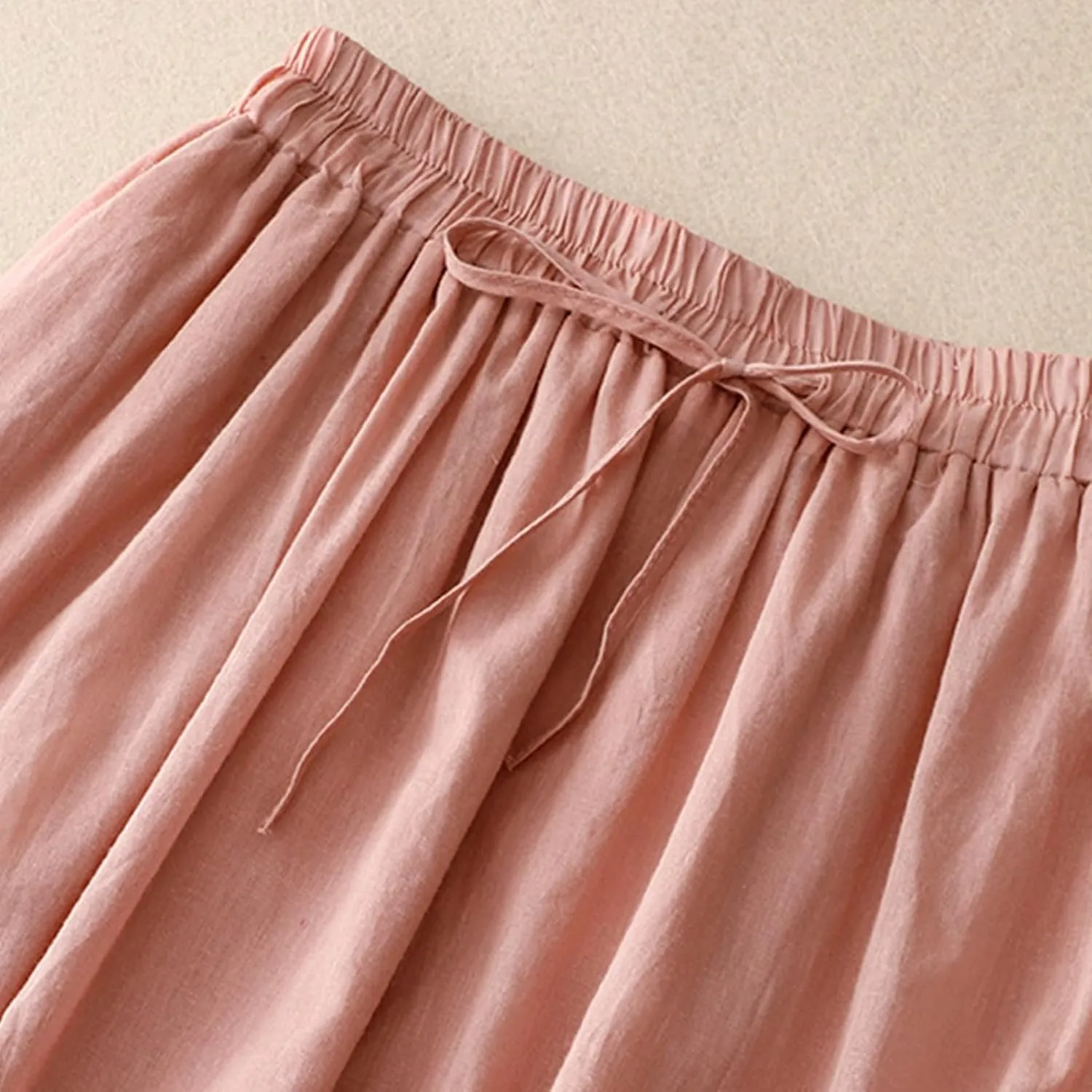 Cotton Linen Skirts for Women Casual Elastic High Waist Flowy A Line Midi Skirt Double Layer Floral Trim Solid Skirt