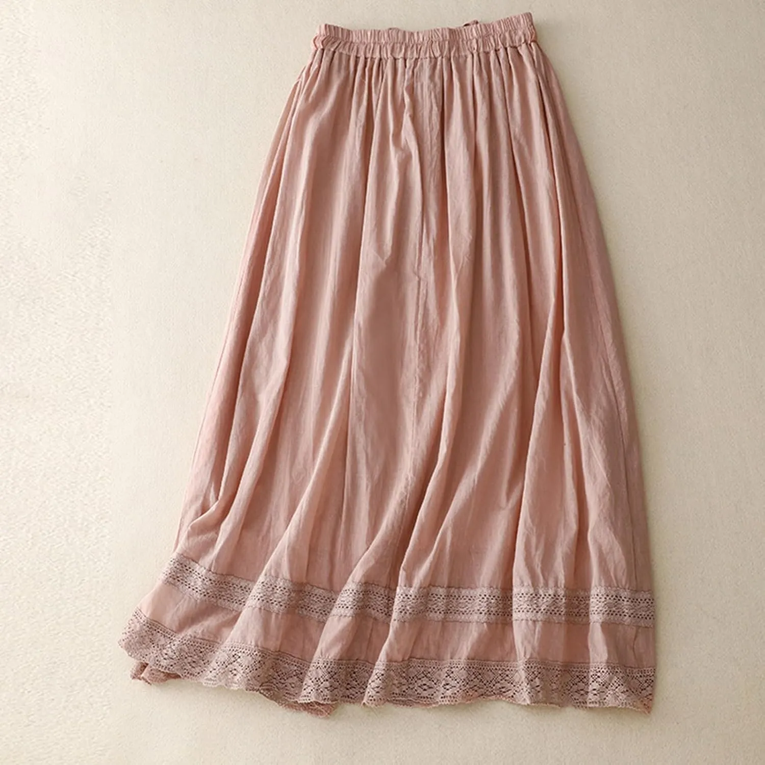 Cotton Linen Skirts for Women Casual Elastic High Waist Flowy A Line Midi Skirt Double Layer Floral Trim Solid Skirt