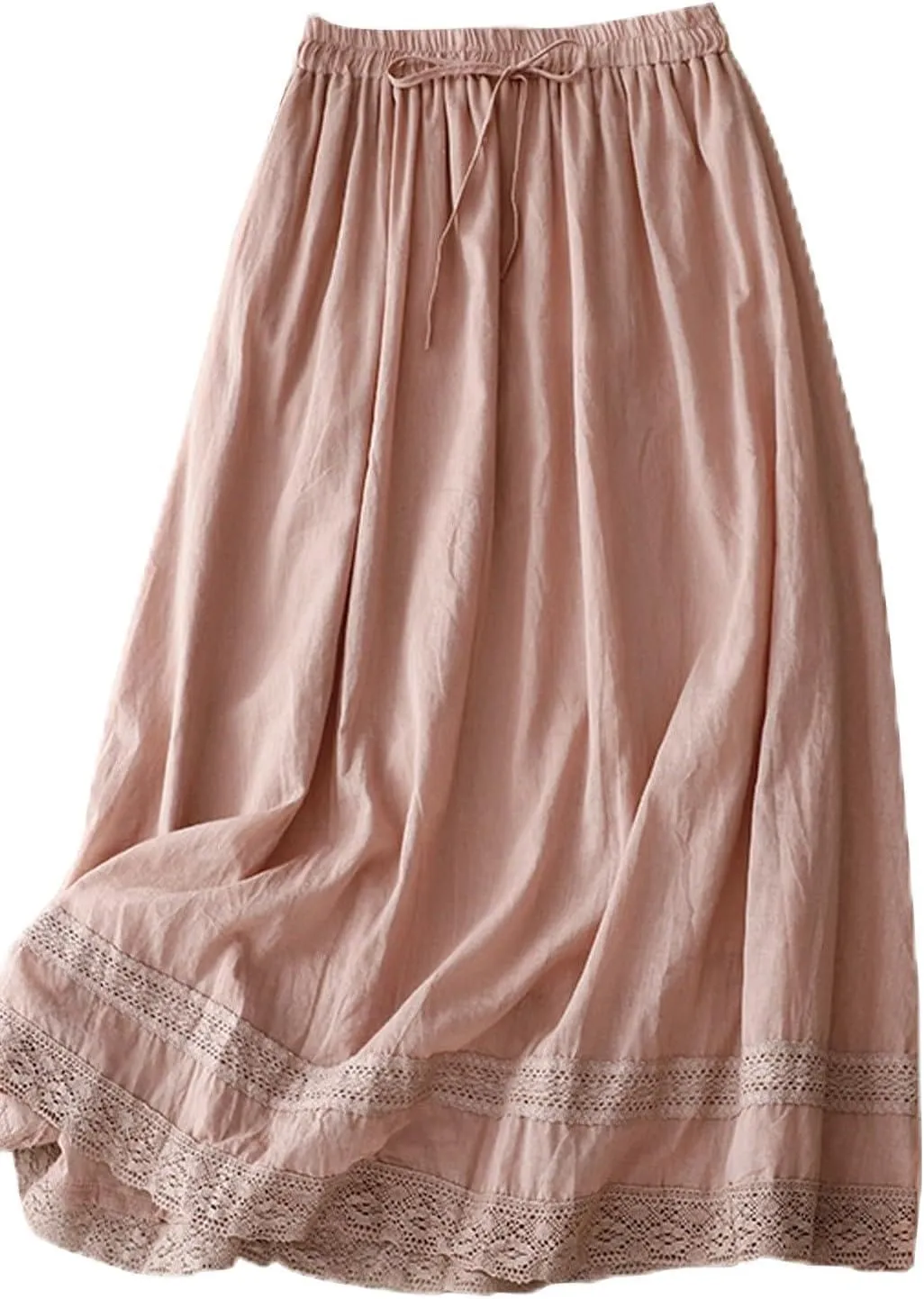 Cotton Linen Skirts for Women Casual Elastic High Waist Flowy A Line Midi Skirt Double Layer Floral Trim Solid Skirt