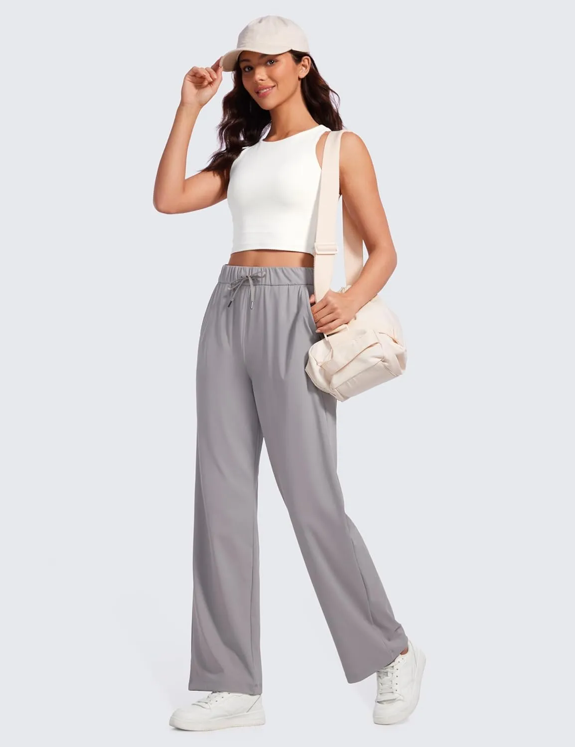 CRZ YOGA 4-Way Stretch Casual Pants for Womens 30.5" Straight Wide Leg Work Pants with Pockets