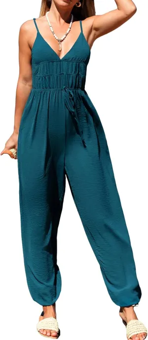 CUPSHE Women's Jumpsuit Sleeveless Deep V-Neck Lace-Up Tapered Wide Leg Overall