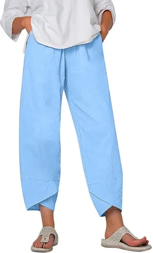 DASAYO Linen Pants Women Trendy Elastic Waist Casual Pants with Pockets Lightweight Lounge Trousers Ladies Summer Outfits