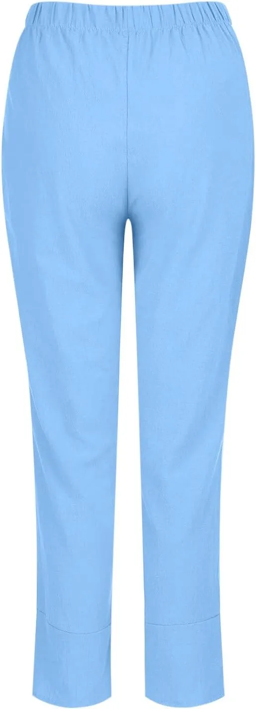 DASAYO Linen Pants Women Trendy Elastic Waist Casual Pants with Pockets Lightweight Lounge Trousers Ladies Summer Outfits