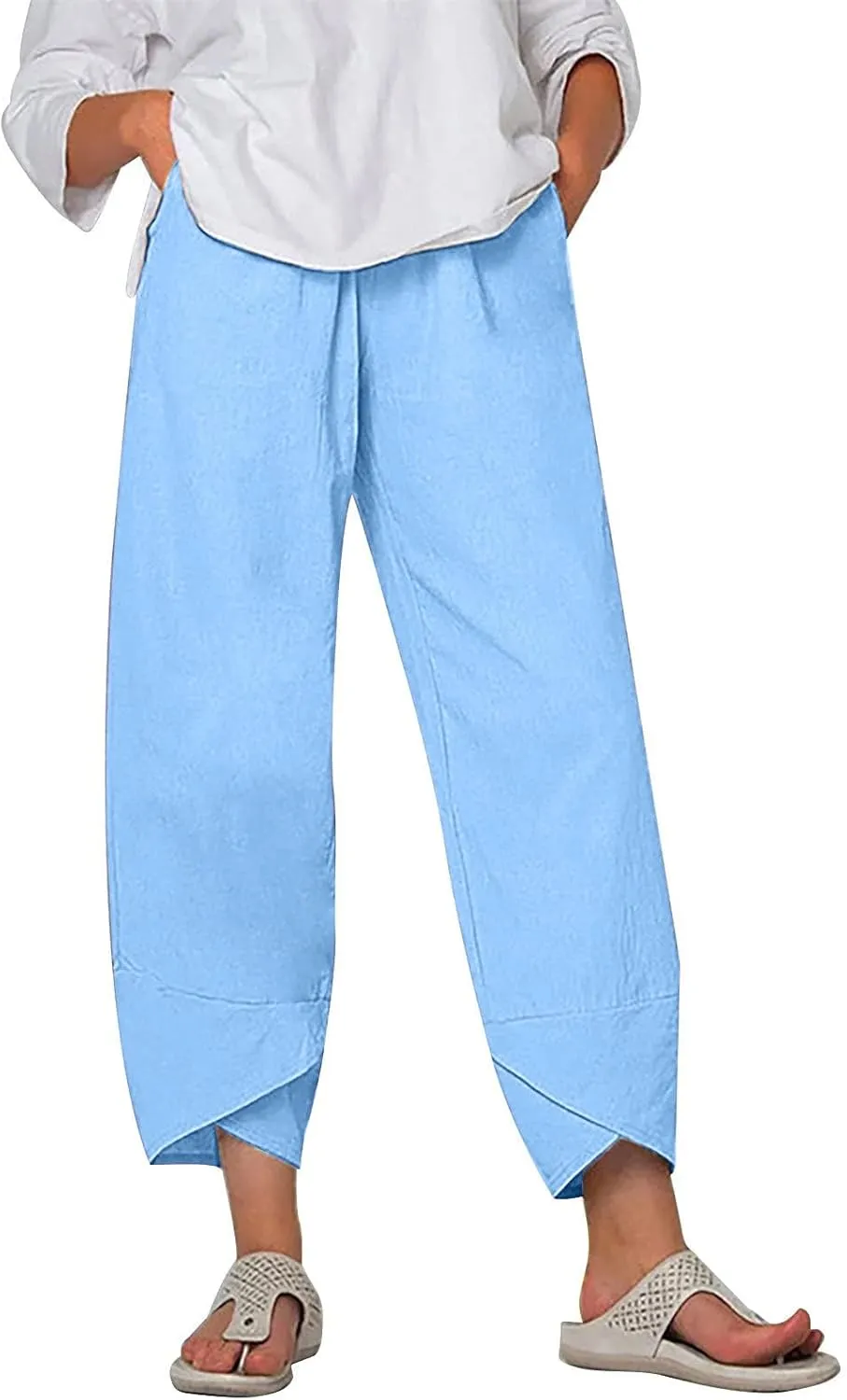 DASAYO Linen Pants Women Trendy Elastic Waist Casual Pants with Pockets Lightweight Lounge Trousers Ladies Summer Outfits