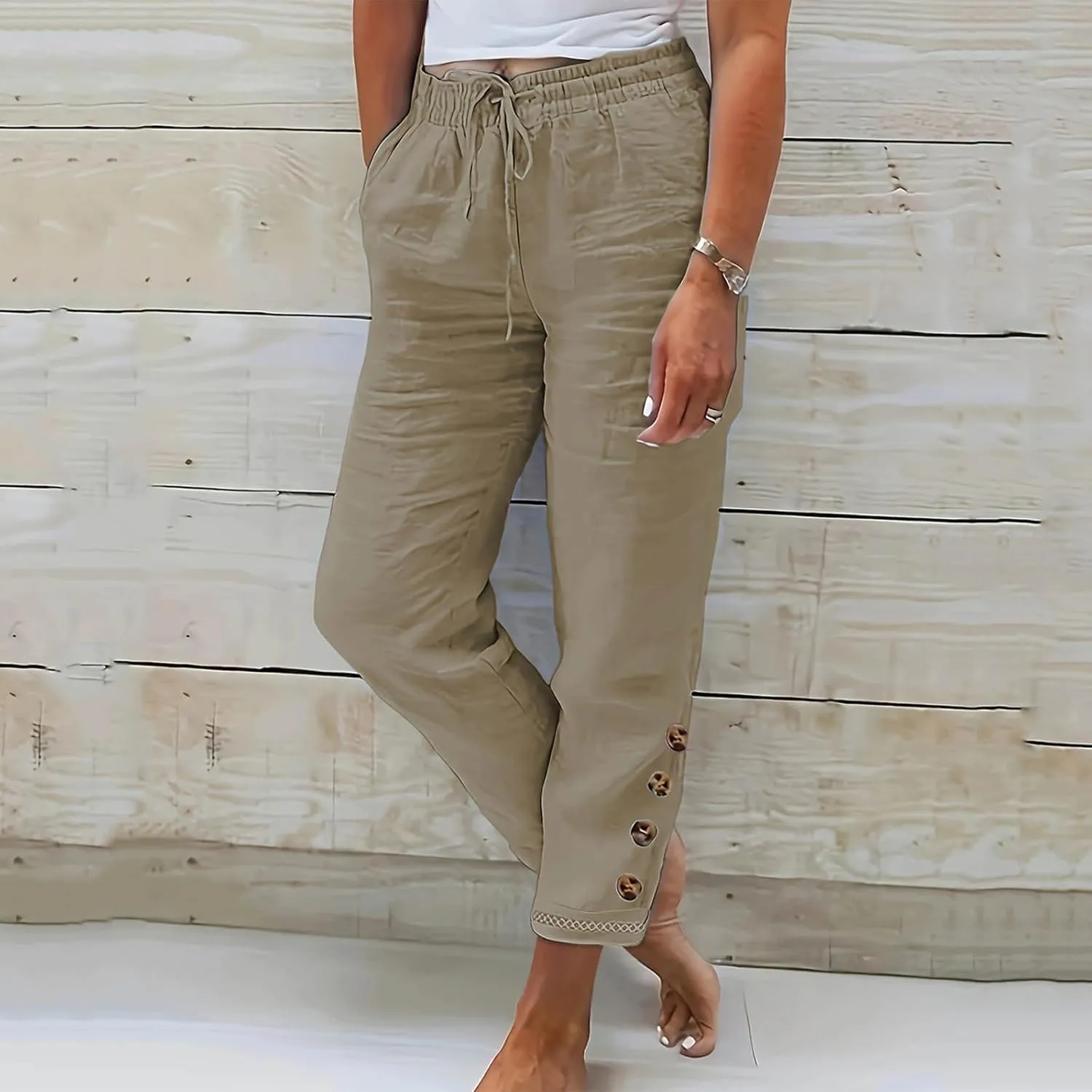 DASAYO Womens Linen Pants Drawstringgg Elastic Waist Straight Legg Trousers Summer Lightweigght Casual Pants with Pockets