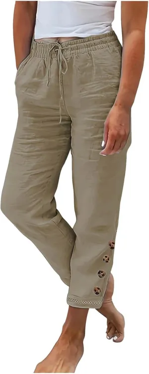 DASAYO Womens Linen Pants Drawstringgg Elastic Waist Straight Legg Trousers Summer Lightweigght Casual Pants with Pockets