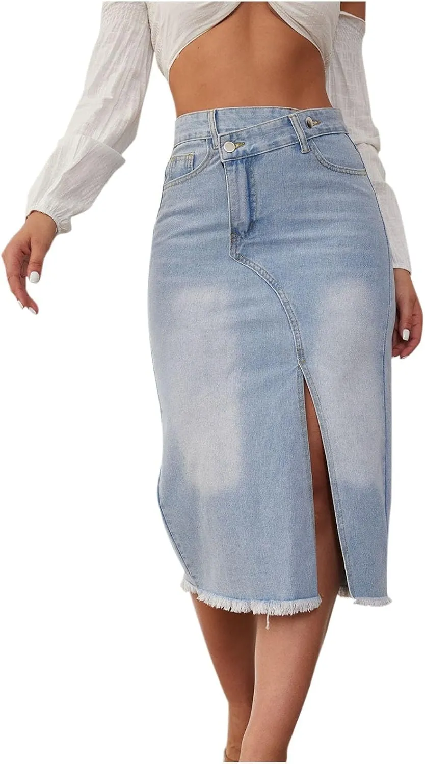 Denim Skirts Women Casual High Waisted Fashion Asymmetrical Denim Jean Skirt Frayed Hem Split Front Skirt with Pocket