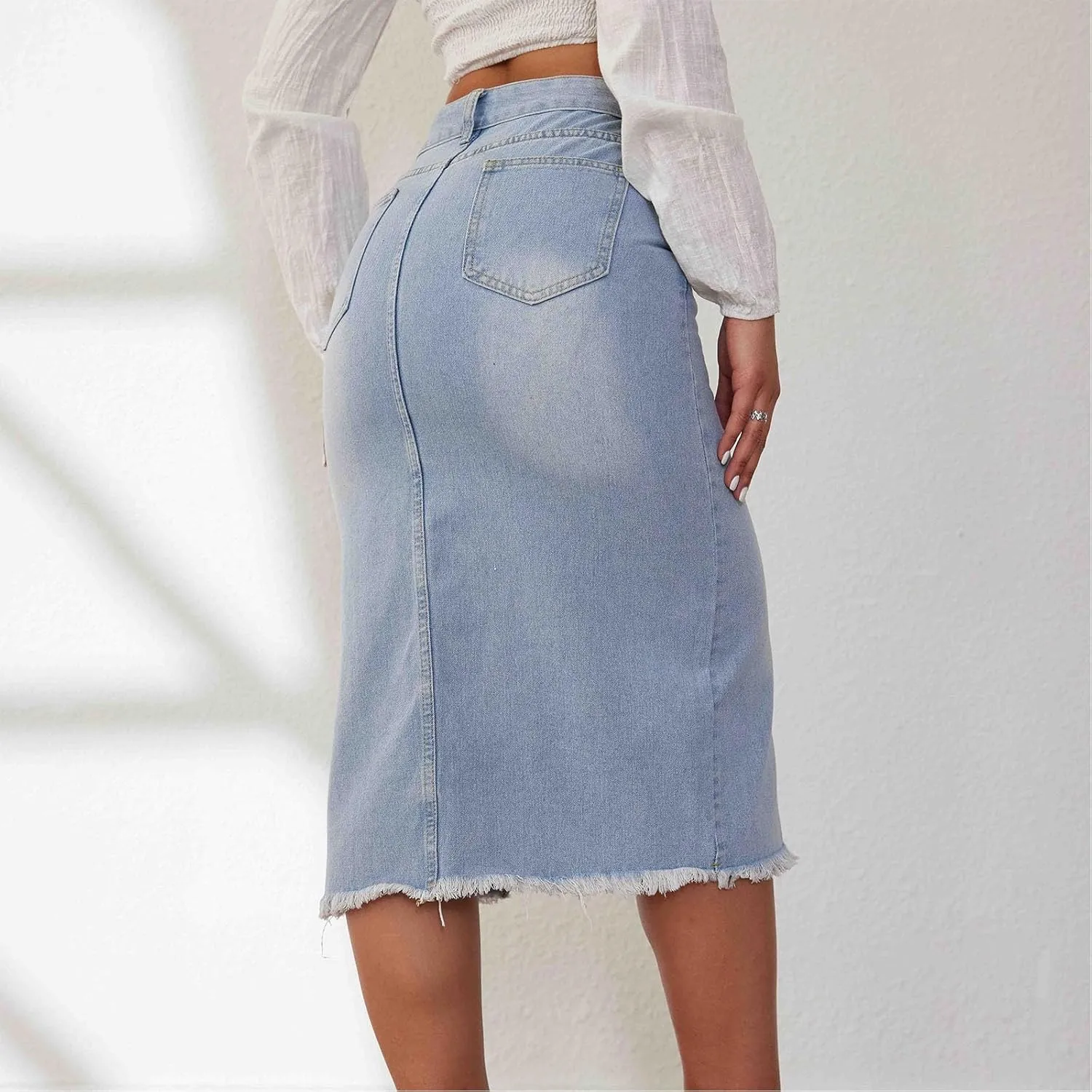 Denim Skirts Women Casual High Waisted Fashion Asymmetrical Denim Jean Skirt Frayed Hem Split Front Skirt with Pocket