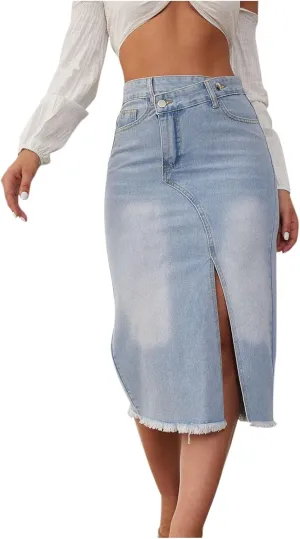 Denim Skirts Women Casual High Waisted Fashion Asymmetrical Denim Jean Skirt Frayed Hem Split Front Skirt with Pocket
