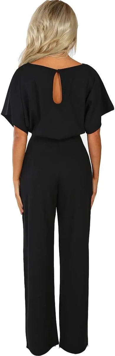 Dreamskull Womens Casual Loose Short Batwing Sleeve Belted Wide Leg Pant Romper Jumpsuits with Belt