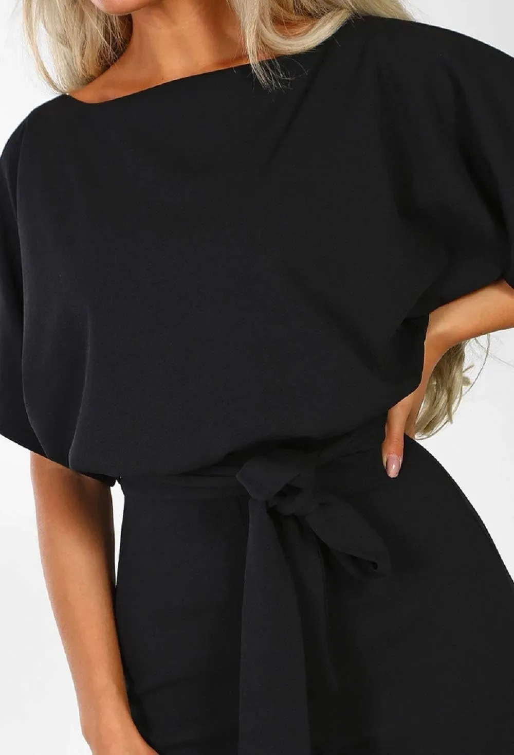 Dreamskull Womens Casual Loose Short Batwing Sleeve Belted Wide Leg Pant Romper Jumpsuits with Belt