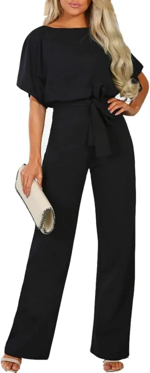 Dreamskull Womens Casual Loose Short Batwing Sleeve Belted Wide Leg Pant Romper Jumpsuits with Belt