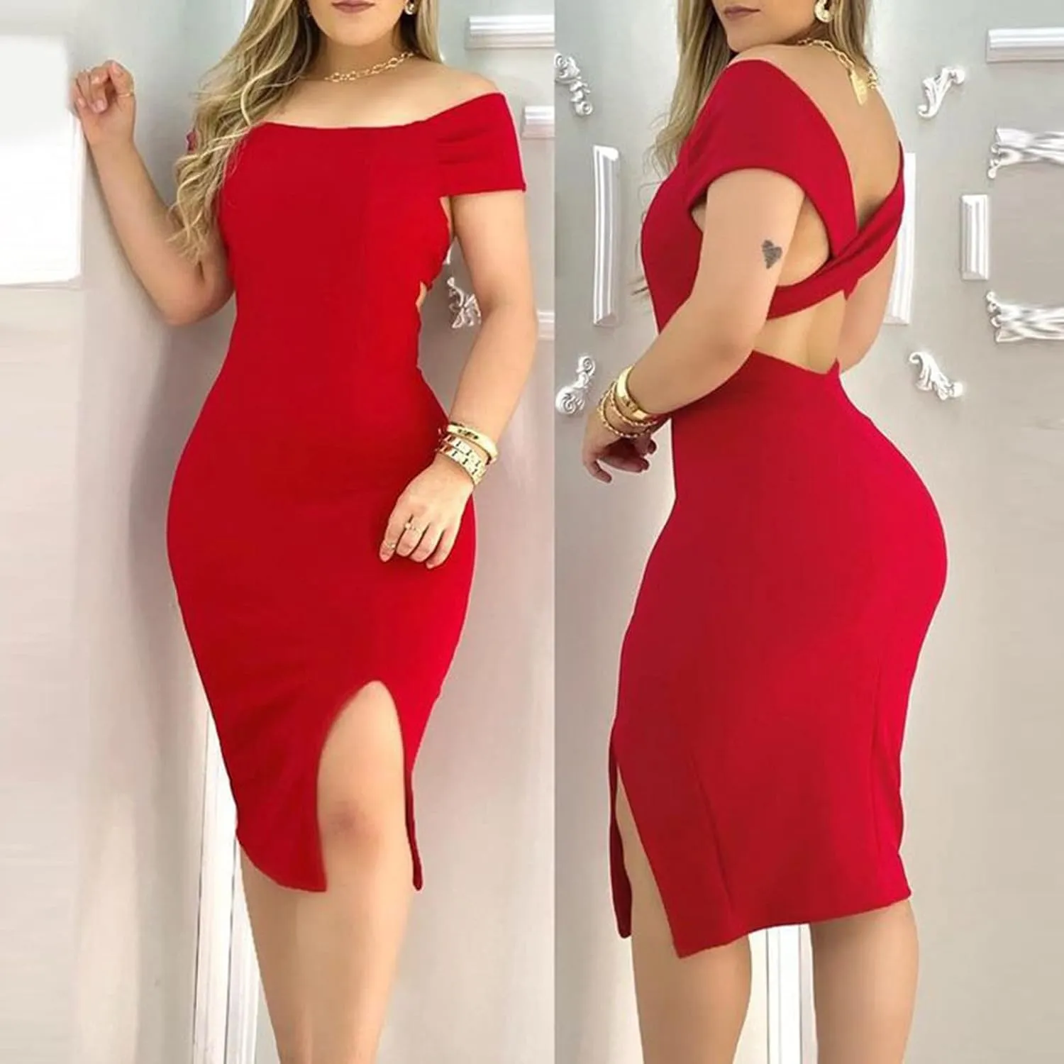 Dress for Women, Women's Fashion Sexy Summer Off Shoulder Short Sleeve Sequin Ruffle Irregular Dresses