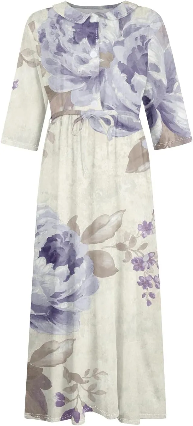 Dresses for Women Summer Floral Long Dress Trendy 3/4 Sleeve Wrap Flowy Beach Dress A Line Boho Vacation Dresses