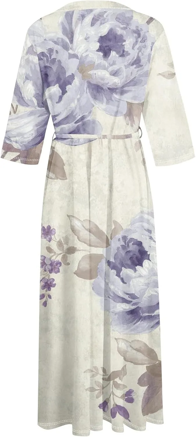 Dresses for Women Summer Floral Long Dress Trendy 3/4 Sleeve Wrap Flowy Beach Dress A Line Boho Vacation Dresses