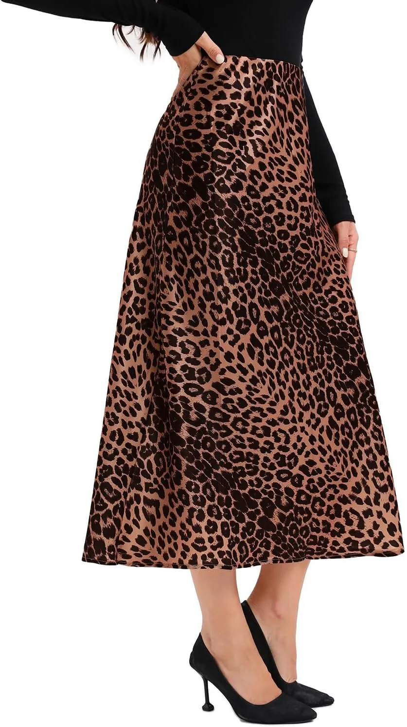 Dxyufazhe Women's Satin High Waisted Maxi Skirt Casual Leopard Print A Line Club Long Skirts