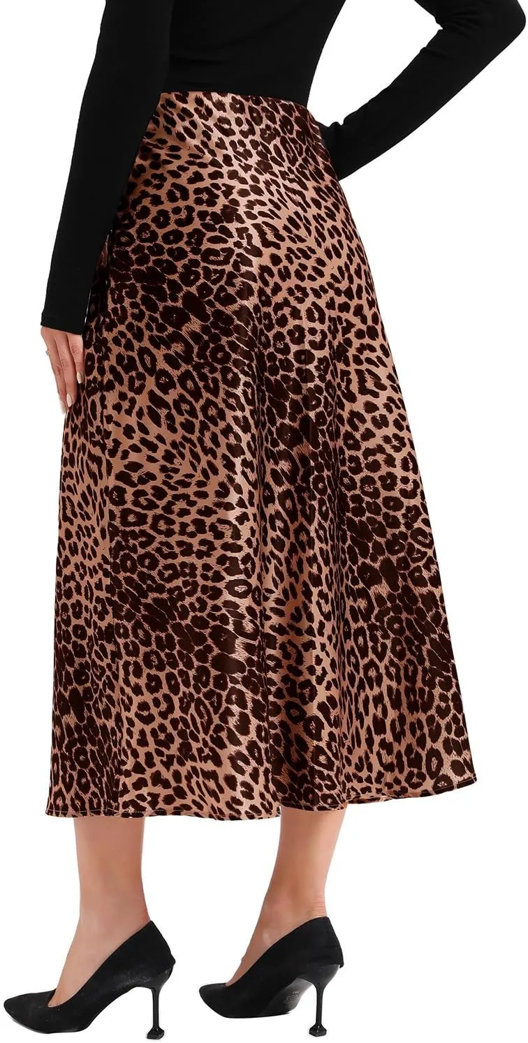 Dxyufazhe Women's Satin High Waisted Maxi Skirt Casual Leopard Print A Line Club Long Skirts