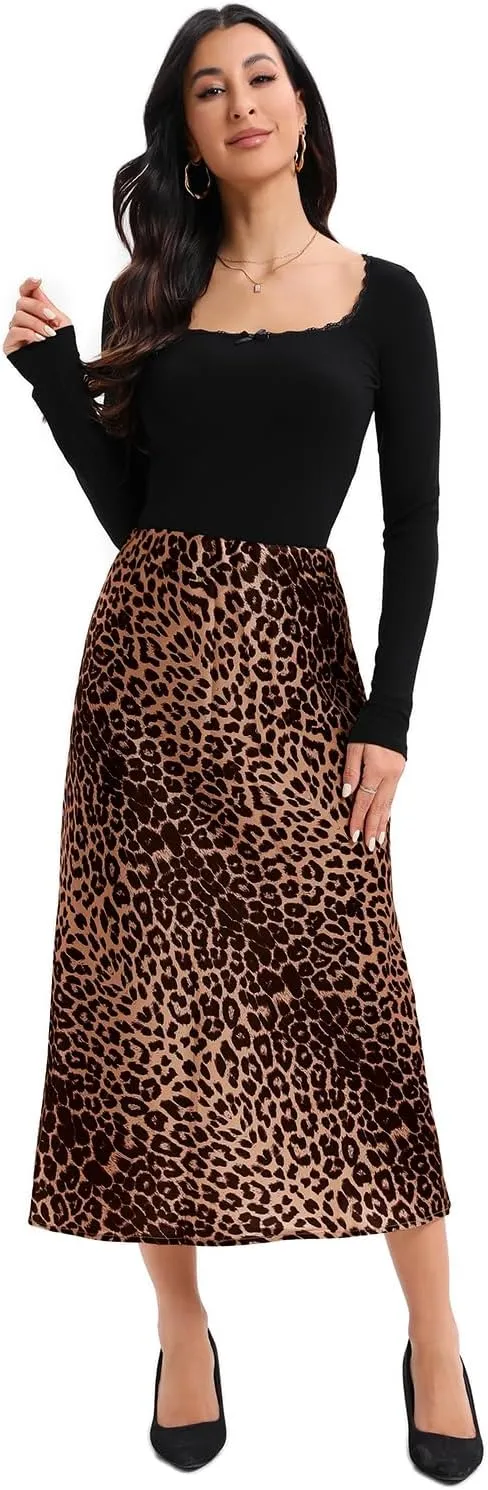Dxyufazhe Women's Satin High Waisted Maxi Skirt Casual Leopard Print A Line Club Long Skirts