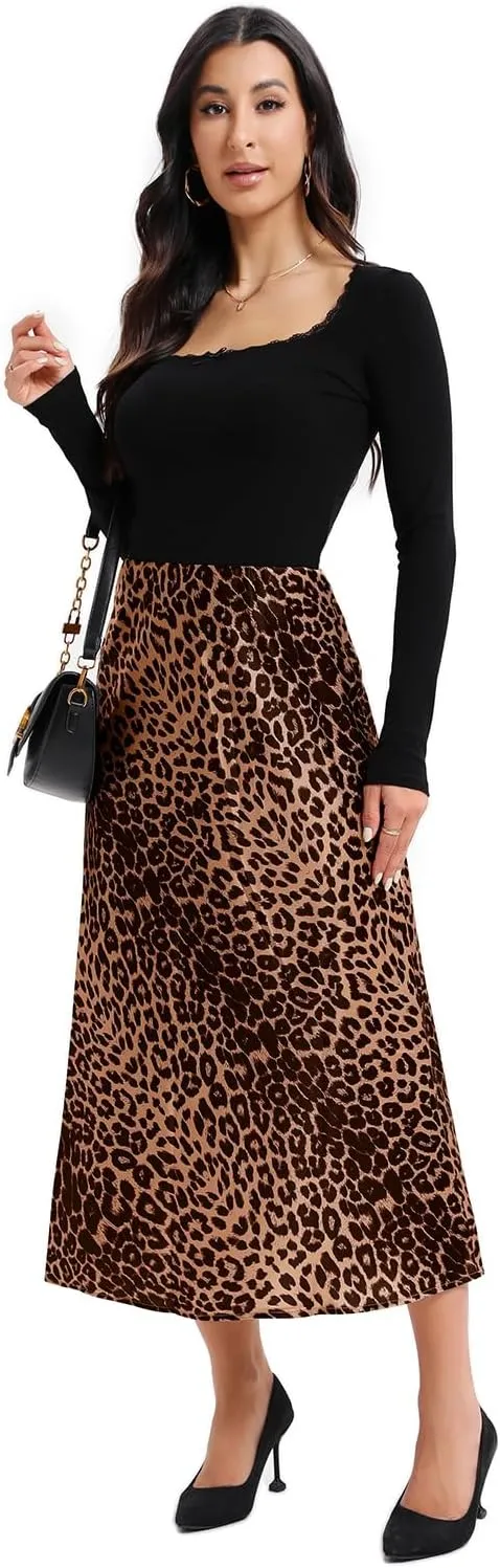 Dxyufazhe Women's Satin High Waisted Maxi Skirt Casual Leopard Print A Line Club Long Skirts