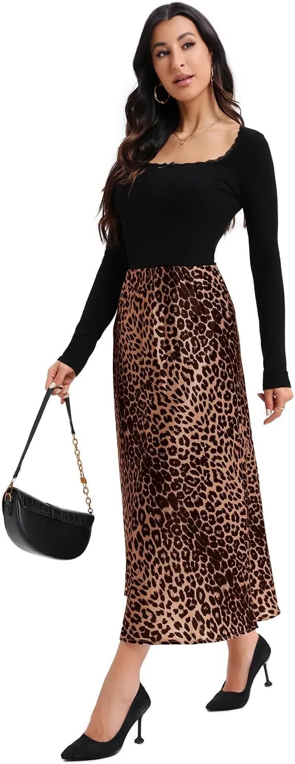 Dxyufazhe Women's Satin High Waisted Maxi Skirt Casual Leopard Print A Line Club Long Skirts