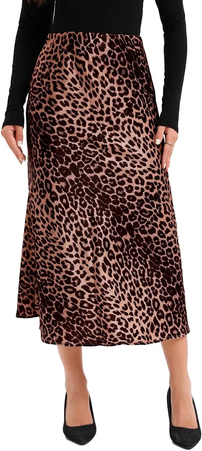 Dxyufazhe Women's Satin High Waisted Maxi Skirt Casual Leopard Print A Line Club Long Skirts