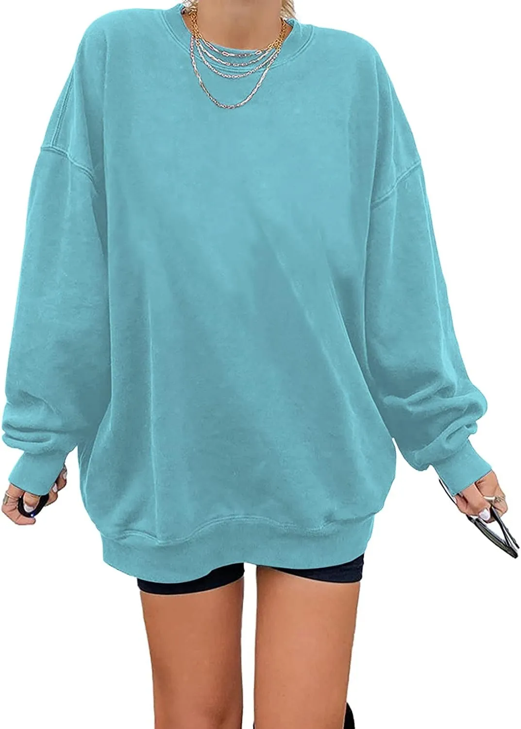 Ebifin Women's Oversized Long Sleeve Sweatshirts Pure Color Round Neck Casual Pullover Shirt