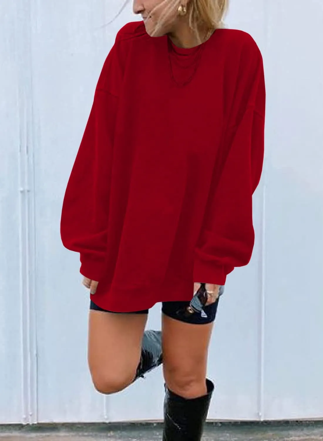 Ebifin Women's Oversized Long Sleeve Sweatshirts Pure Color Round Neck Casual Pullover Shirt