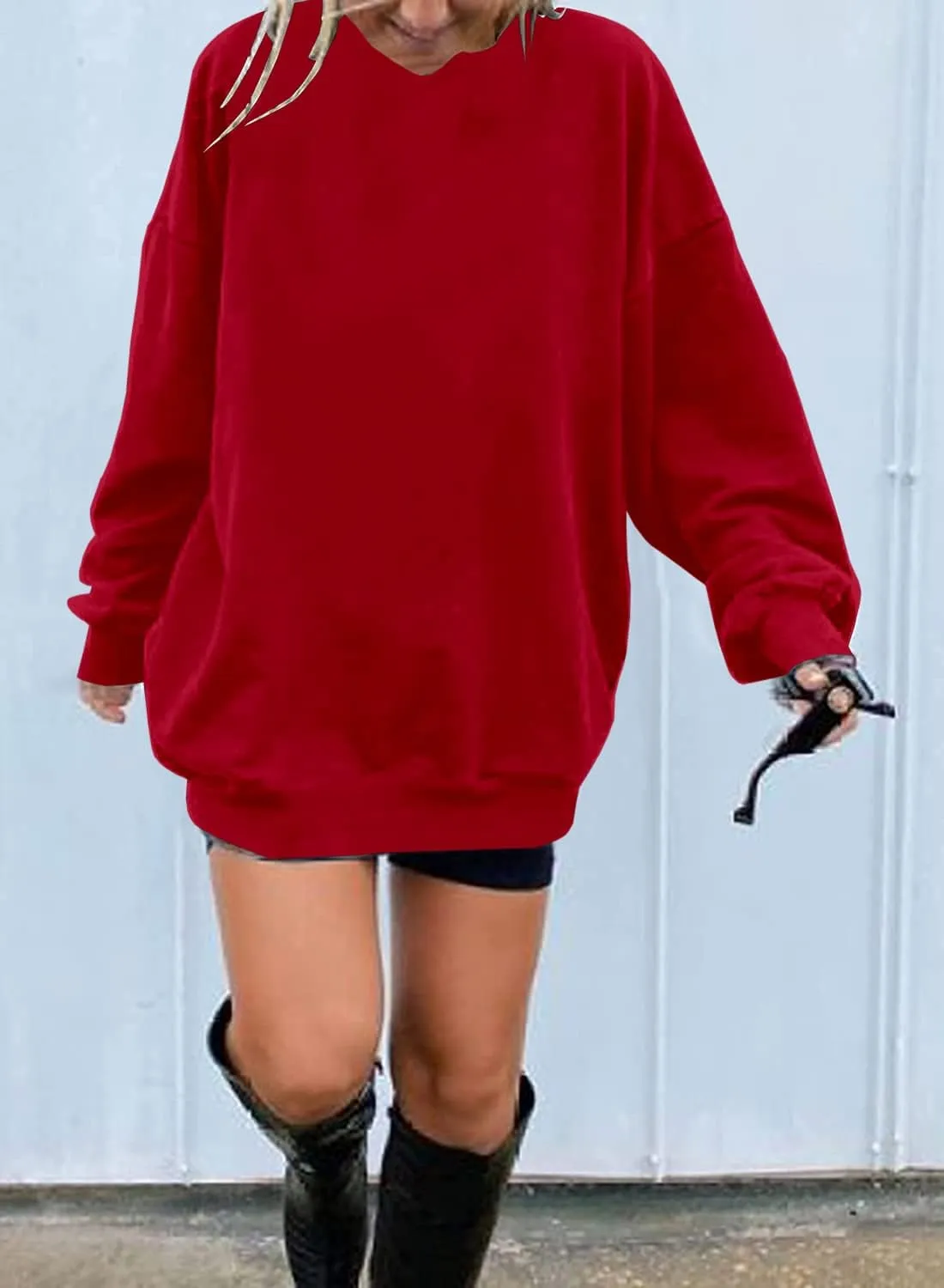 Ebifin Women's Oversized Long Sleeve Sweatshirts Pure Color Round Neck Casual Pullover Shirt