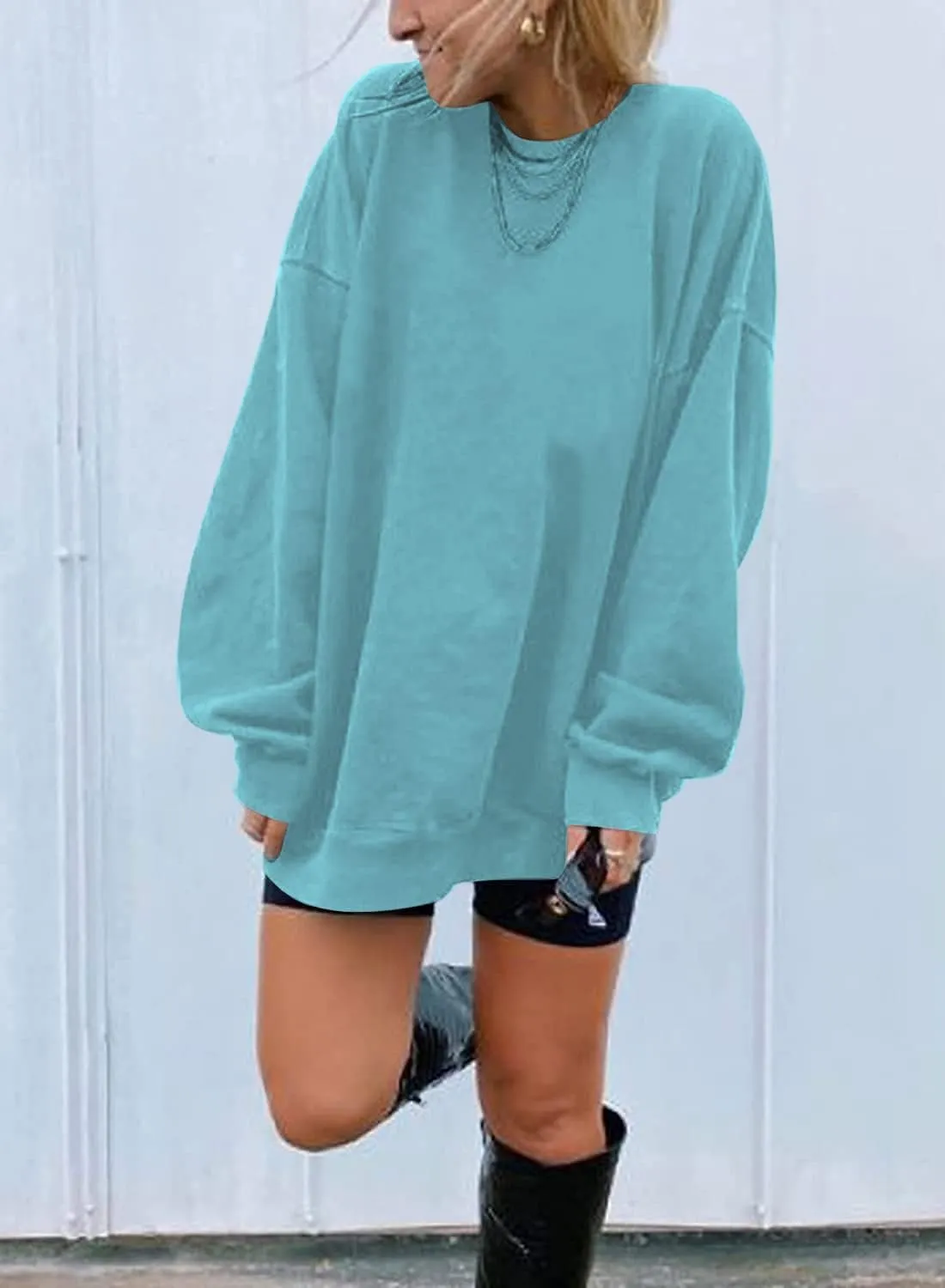 Ebifin Women's Oversized Long Sleeve Sweatshirts Pure Color Round Neck Casual Pullover Shirt