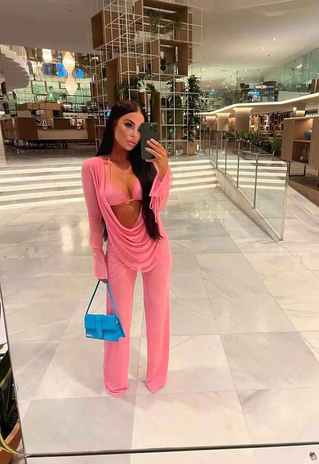 EDITCOZY Women Mesh Sheer 3pcs Outfits Long Sleeve Top Long Pant Bikini Cover Up