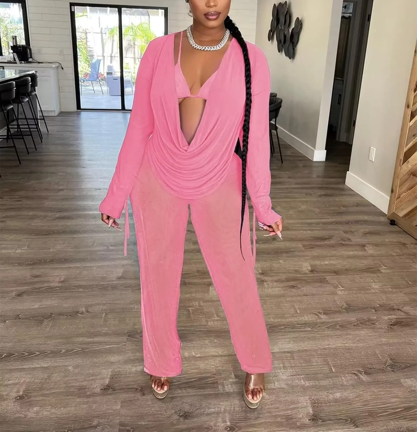 EDITCOZY Women Mesh Sheer 3pcs Outfits Long Sleeve Top Long Pant Bikini Cover Up
