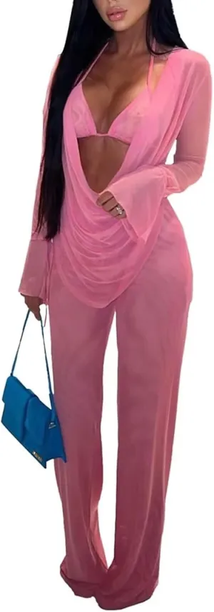 EDITCOZY Women Mesh Sheer 3pcs Outfits Long Sleeve Top Long Pant Bikini Cover Up