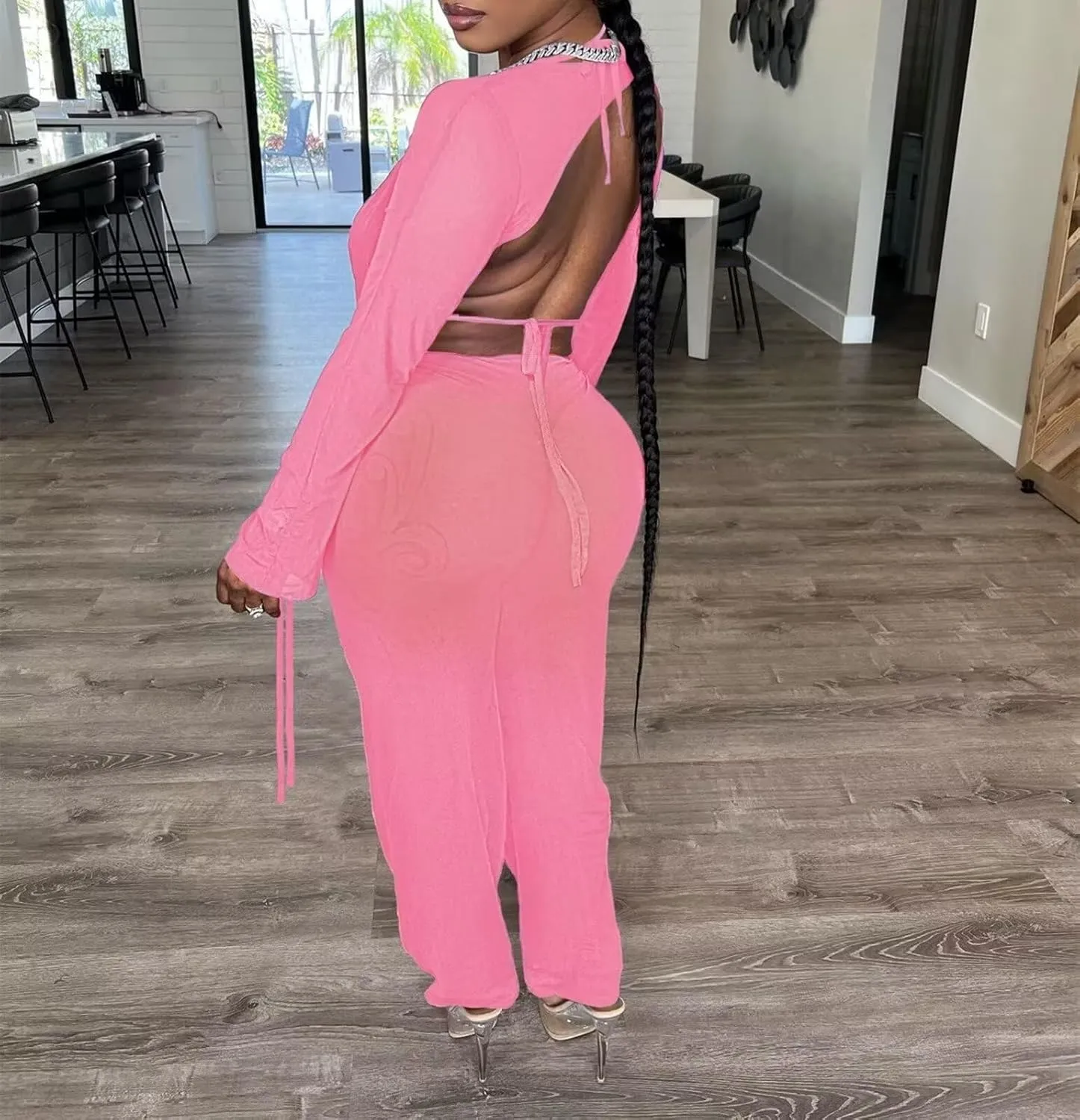 EDITCOZY Women Mesh Sheer 3pcs Outfits Long Sleeve Top Long Pant Bikini Cover Up