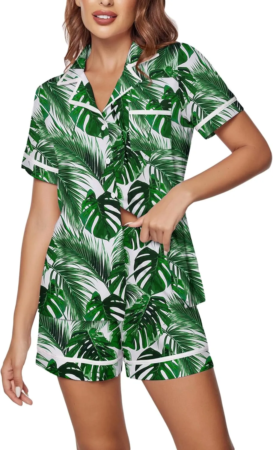 Ekouaer Women's Pajama Sets 2 Piece Short Sleeve Button Down Tops and Pants Pj Set V Neck Sleepwear Loungewear Chest Pocket