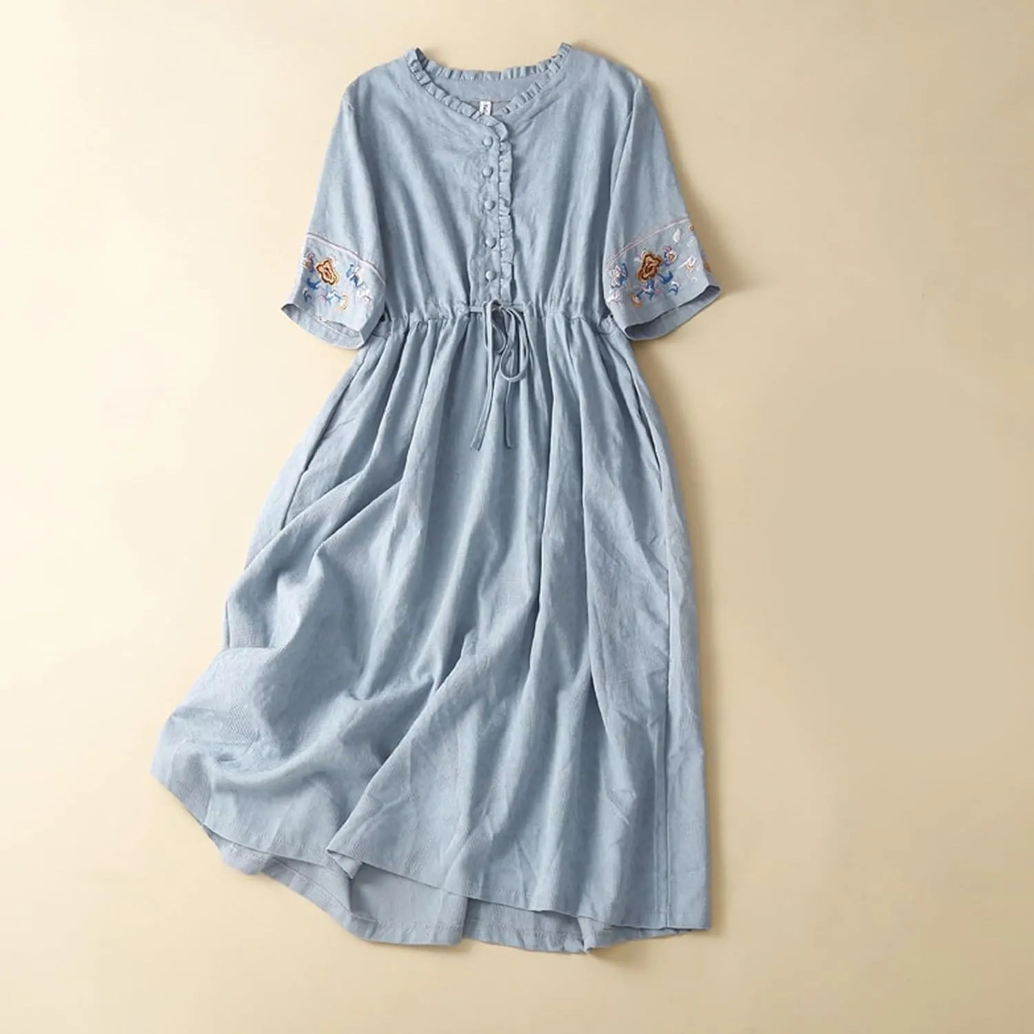 Embroidered Linen Maxi Dress Women Casual Summer Boho Petite Cotton Midi Dresses Short Sleeve A Line Beach Dress