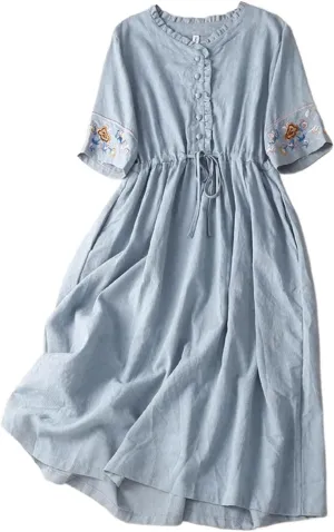 Embroidered Linen Maxi Dress Women Casual Summer Boho Petite Cotton Midi Dresses Short Sleeve A Line Beach Dress