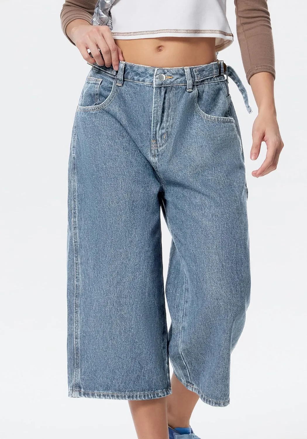 EMMIOL Women Jorts Jean Denim Shorts Mid Waist Baggy Wide Leg Capri Jeans Trendy Y2k Clothes