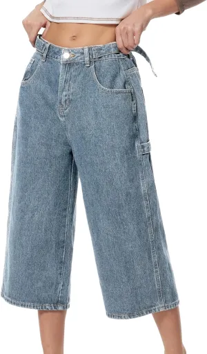 EMMIOL Women Jorts Jean Denim Shorts Mid Waist Baggy Wide Leg Capri Jeans Trendy Y2k Clothes