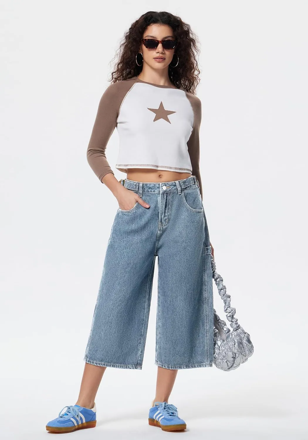 EMMIOL Women Jorts Jean Denim Shorts Mid Waist Baggy Wide Leg Capri Jeans Trendy Y2k Clothes