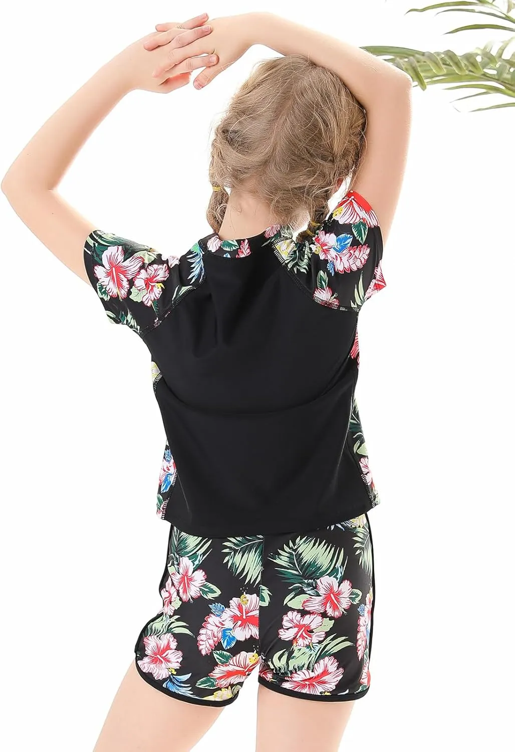 Enlifety 7-14T Girls Swimsuit 2 Piece Bathing Suit Short Sleeve Rash Guard Swimwear Set