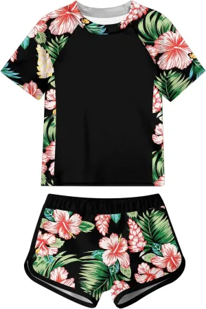 Enlifety 7-14T Girls Swimsuit 2 Piece Bathing Suit Short Sleeve Rash Guard Swimwear Set