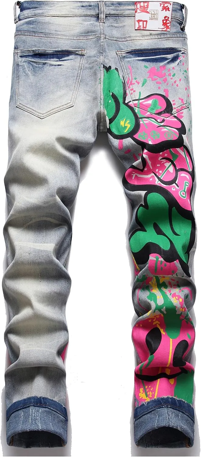 Enrica Men's Casual Printed Jeans Skinny Denim Pants