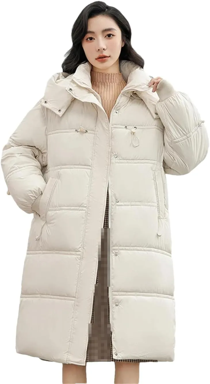 ERFMFKL Women Winter Puffer Jacket Padded Casual Cotton Long Hooded Parkas Clothes Wadded Warm Coat