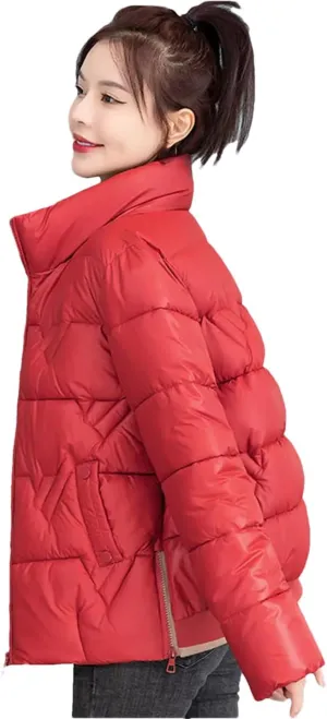 ERFMFKL Women's Autumn Winter Parkas Stand Collar Solid Zipper Puffer Jacket Loose Short Cotton Padded Coat