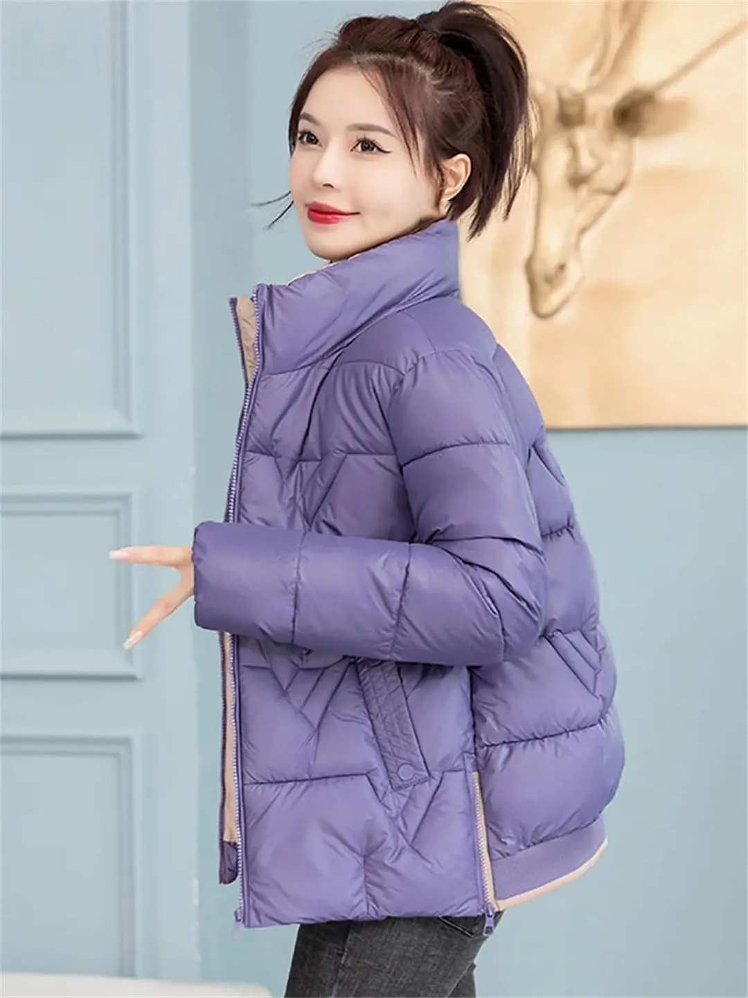 ERFMFKL Women's Autumn Winter Parkas Stand Collar Solid Zipper Puffer Jacket Loose Short Cotton Padded Coat