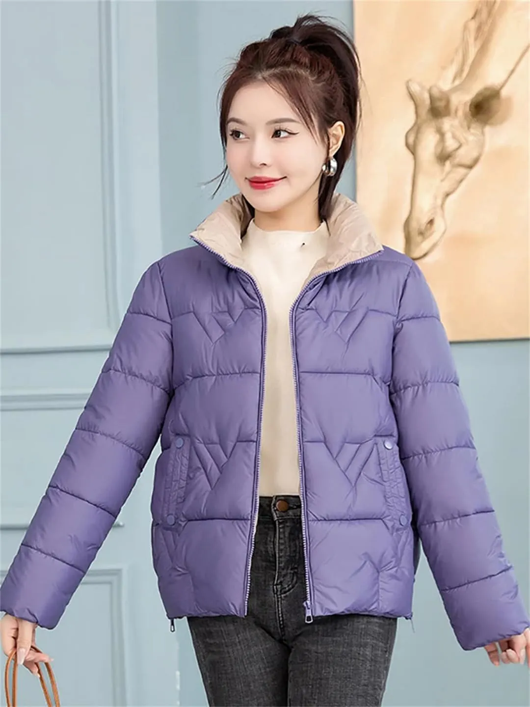 ERFMFKL Women's Autumn Winter Parkas Stand Collar Solid Zipper Puffer Jacket Loose Short Cotton Padded Coat