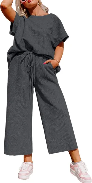 Eytino Womens Plus Size Sweatsuits Casual Short Sleeve Tops High Waist Wide Leg Pants 2 Piece Tracksuit Lounge Sets(1X-5X)