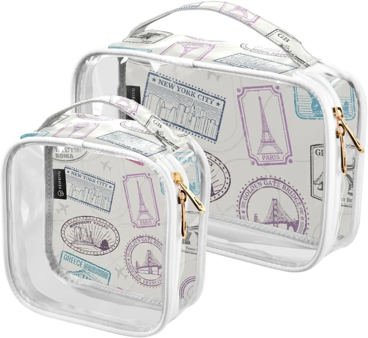 Famous-world-monuments-pattern 2 Pack Clear Toiletry Bag Women Men, Portable Waterproof Clear Pouch, Cosmetic Bag with Double Zippers Large Opening Traveling with Handle for Bathroom Traveling Vacatio