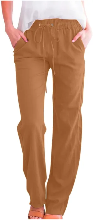 Fanteecy Women's 2024 Trendy Cotton Linen Drawstring Pants Elastic Waist Palazzo Pants Summer Casual Trousers with Pockets
